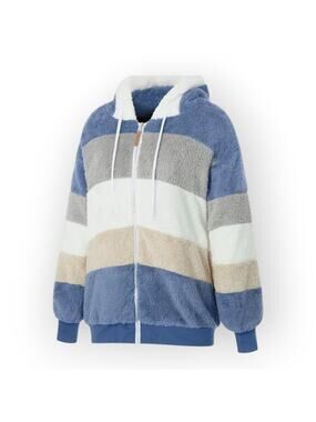 Plush Hooded Zip Jacket Blue Stripe Fleece Pocket NWT L Cozy Casual